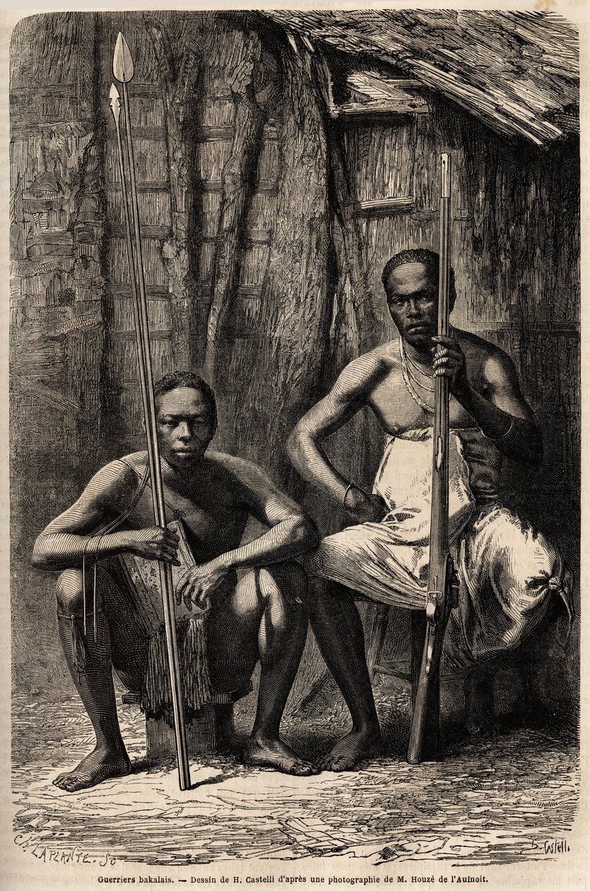 Retrato de dos guerreros Bakali. Dibujo de H. Castelli, para ilustrar el viaje a Gabón, en 1861-1864, del Doctor Griffon du Bellay. Grabado en 