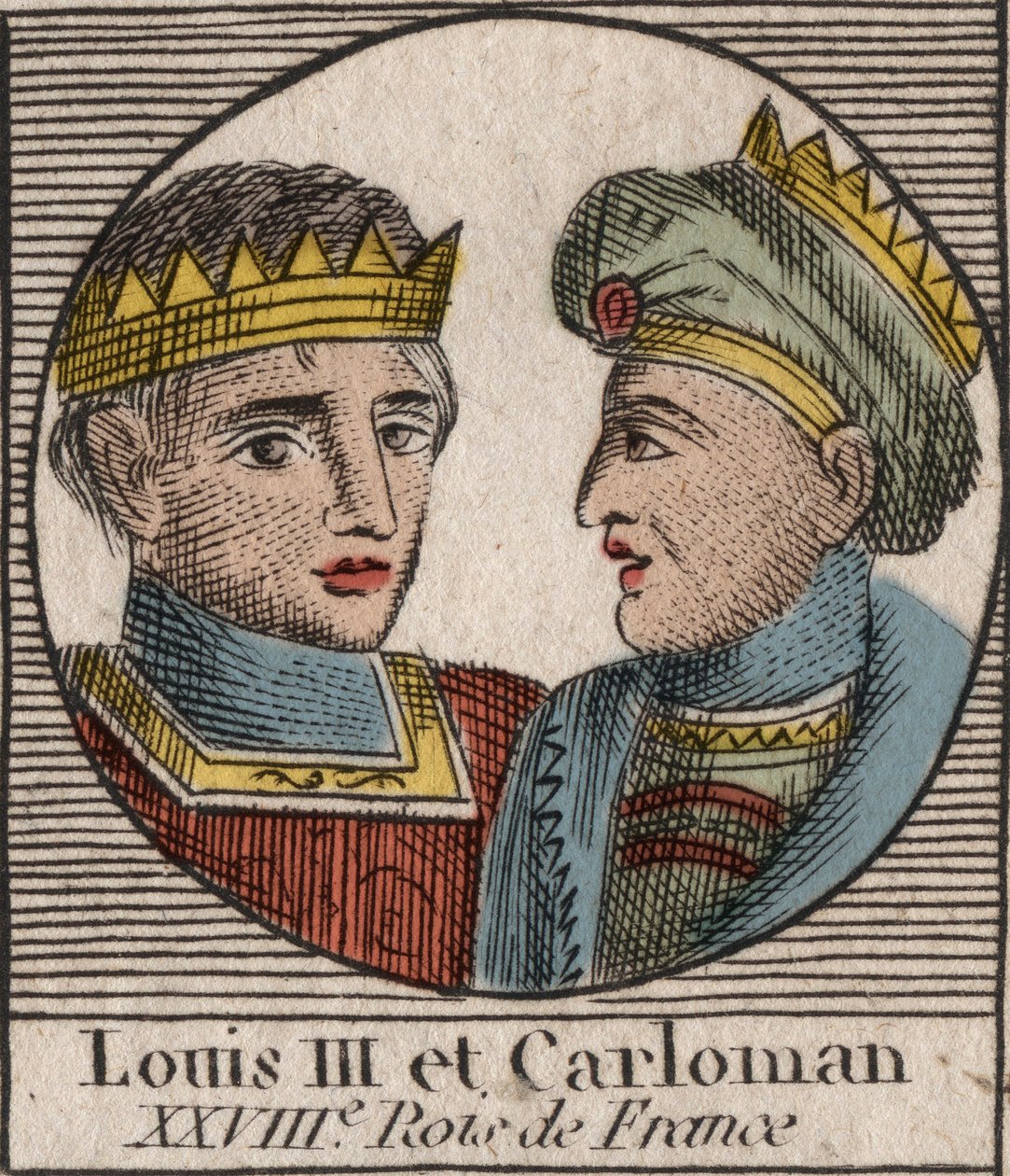 Retratos de Luis III (863/65-882) Rey de los Francos entre 879 y 882 y Carlomán II (866-884), Rey de los Francos de 879 a 884 - grabado de “Instruction sur l