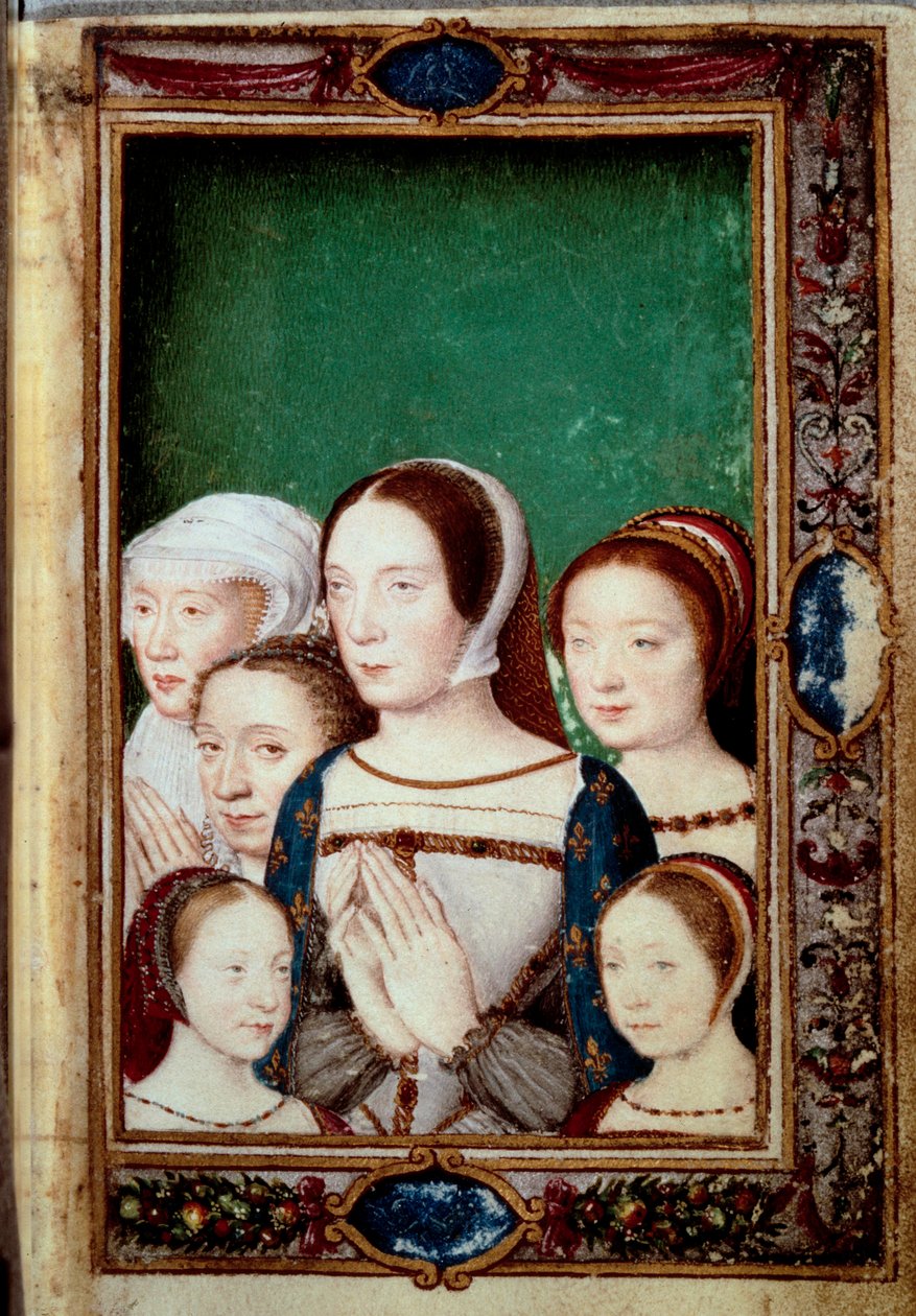 Retratos de las hijas de Francisco I y sus dos esposas. Hijas: Louise, Charlotte, Madeleine, Marguerite. Esposas: Claude de Francia y Eleonore de Habsburgo. Miniatura en 