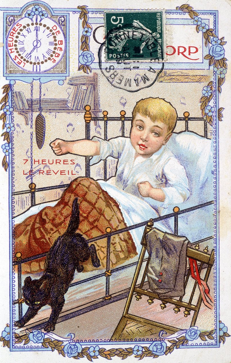 Postal que muestra el curso del día de un niño. A las 7 en punto, el niño se despierta de Unknown artist