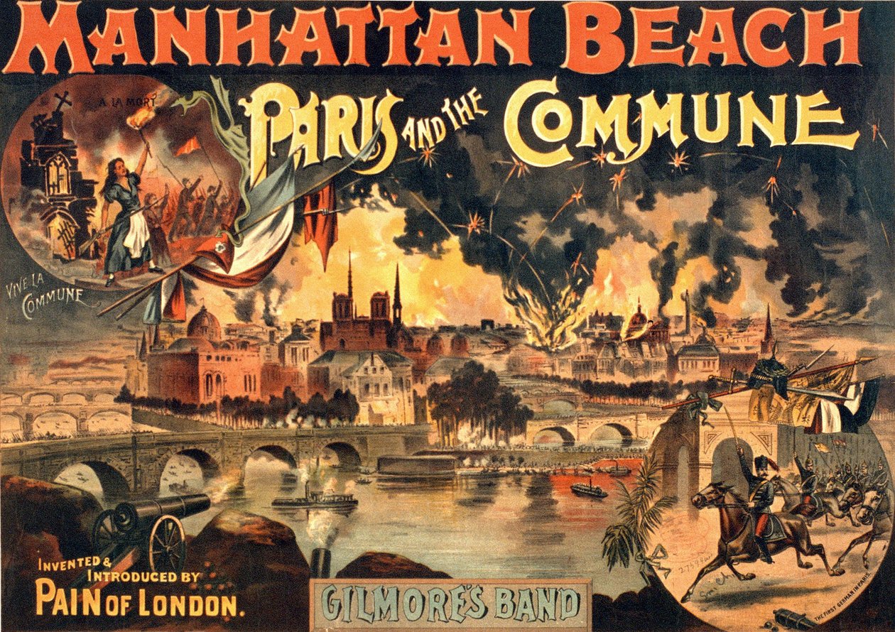 Cartel del espectáculo "París y la Comuna" en Manhattan Beach por la Banda de Gilmore, circa 1891. de Unknown artist