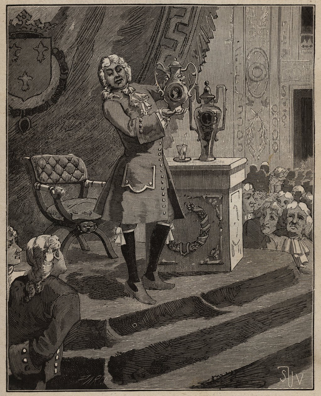 Cerámica: Pierre Joseph Macquer (1718-1784) presentando en la Academia la primera porcelana dura hecha en Francia por la fábrica de Sèvres en 1769. Grabado de 1885 en 