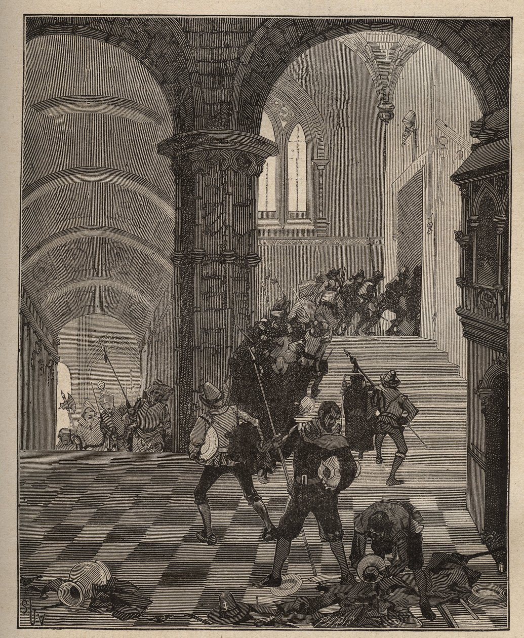 Cerámica: destrucción de la fábrica "Henri II" durante el saqueo del castillo de Oiron (Deux Sèvres) en 1568 durante la Liga. Grabado de 1885 en "Les arts et metiers illustres" por Adolphe BITARD de Unknown artist