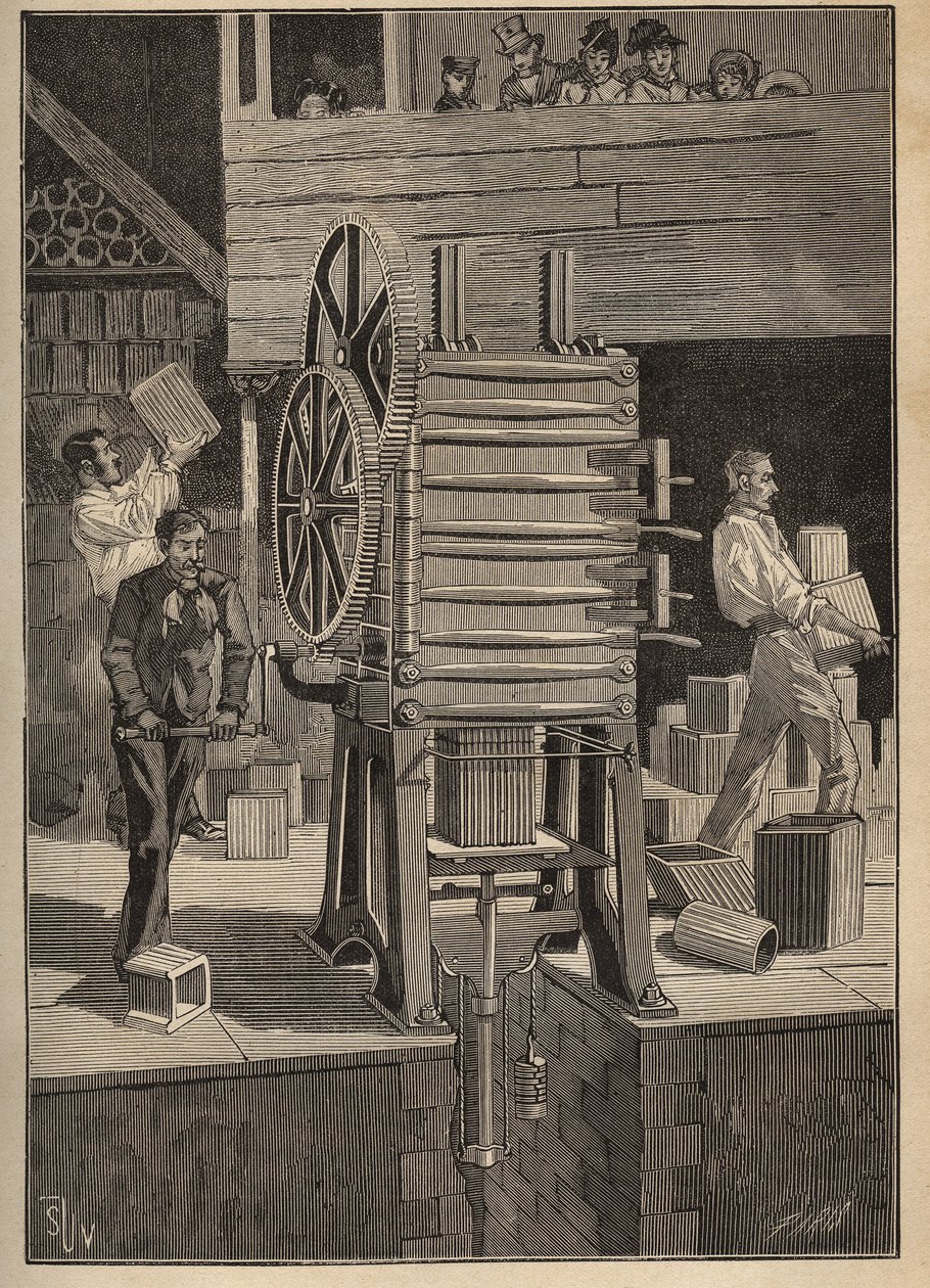 Cerámica: moldeo mecánico de partes huecas. Grabado de 1885 en “Les arts et metiers illustres” de Adolphe BITARD. de Unknown artist