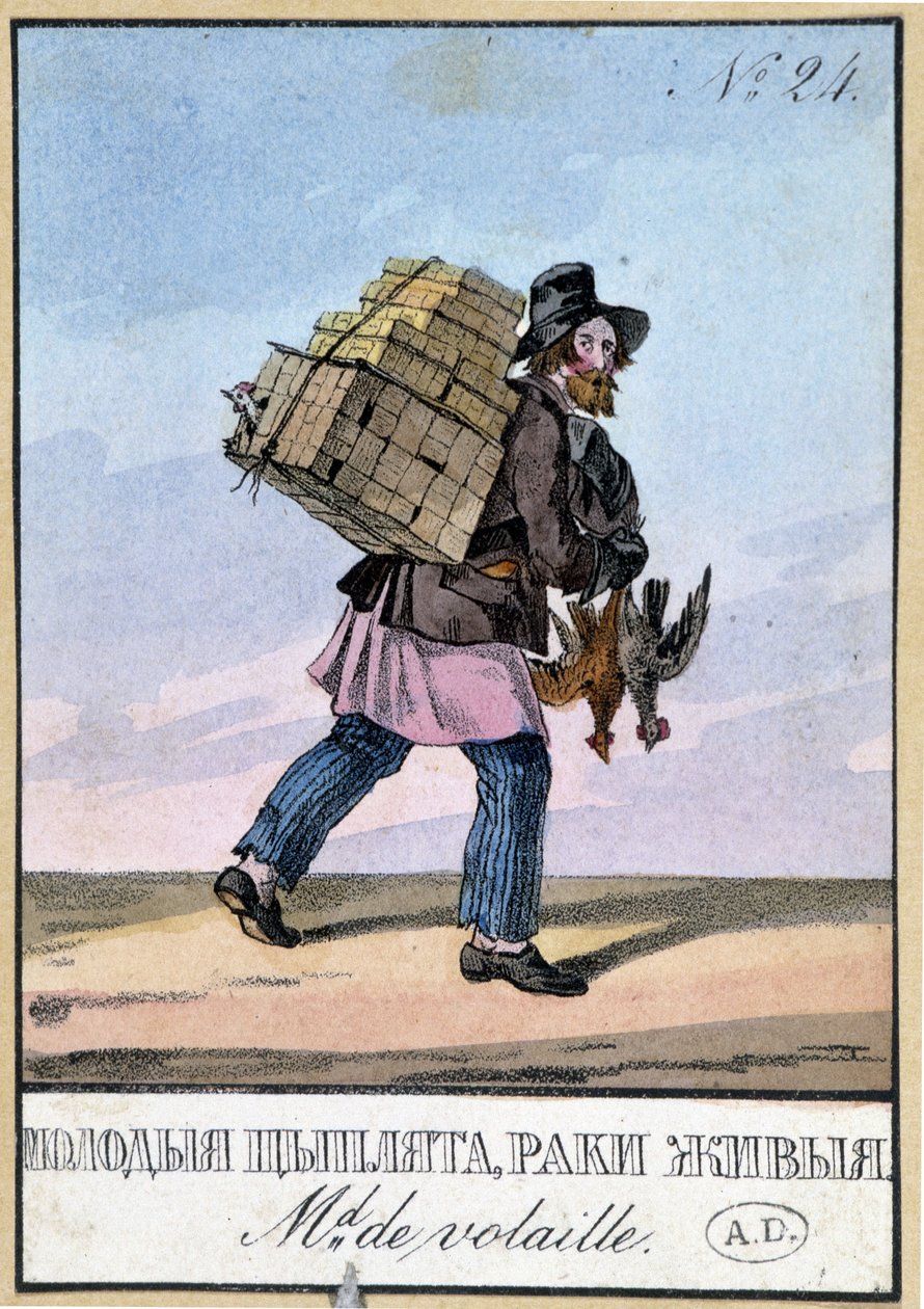 Comerciante de aves de corral - Grabado del siglo XIX de Unknown artist