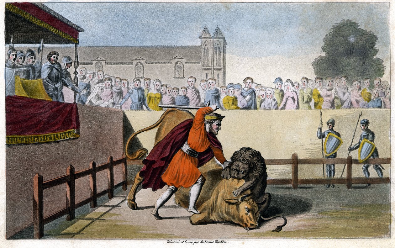 Pepino el Breve mata a un león luchando contra un toro - grabado de Unknown artist
