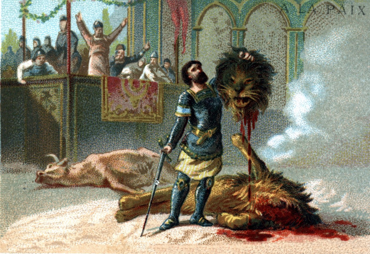 Pepino el Breve (715-768), Rey de los Francos, lucha contra un león y un toro durante las fiestas para celebrar su coronación en 751 de Unknown artist