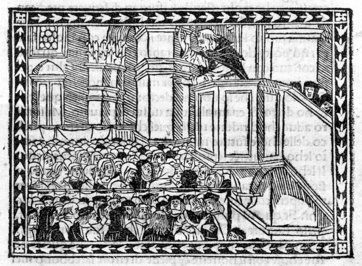 Predicación de G. Savonarola (Jerome Savonarola) - en “Compendium of Revelatione”, incunable de 23/4/1496 de Unknown artist