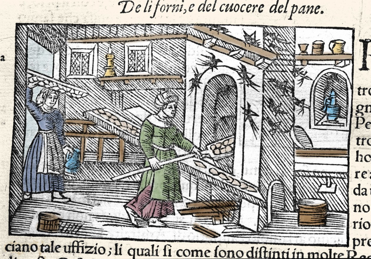 Preparación y horneado de pan en un horno. Grabado de Olaus Magnus, “Historia de Gentis Septentrionalibus”, Venecia de Unknown artist