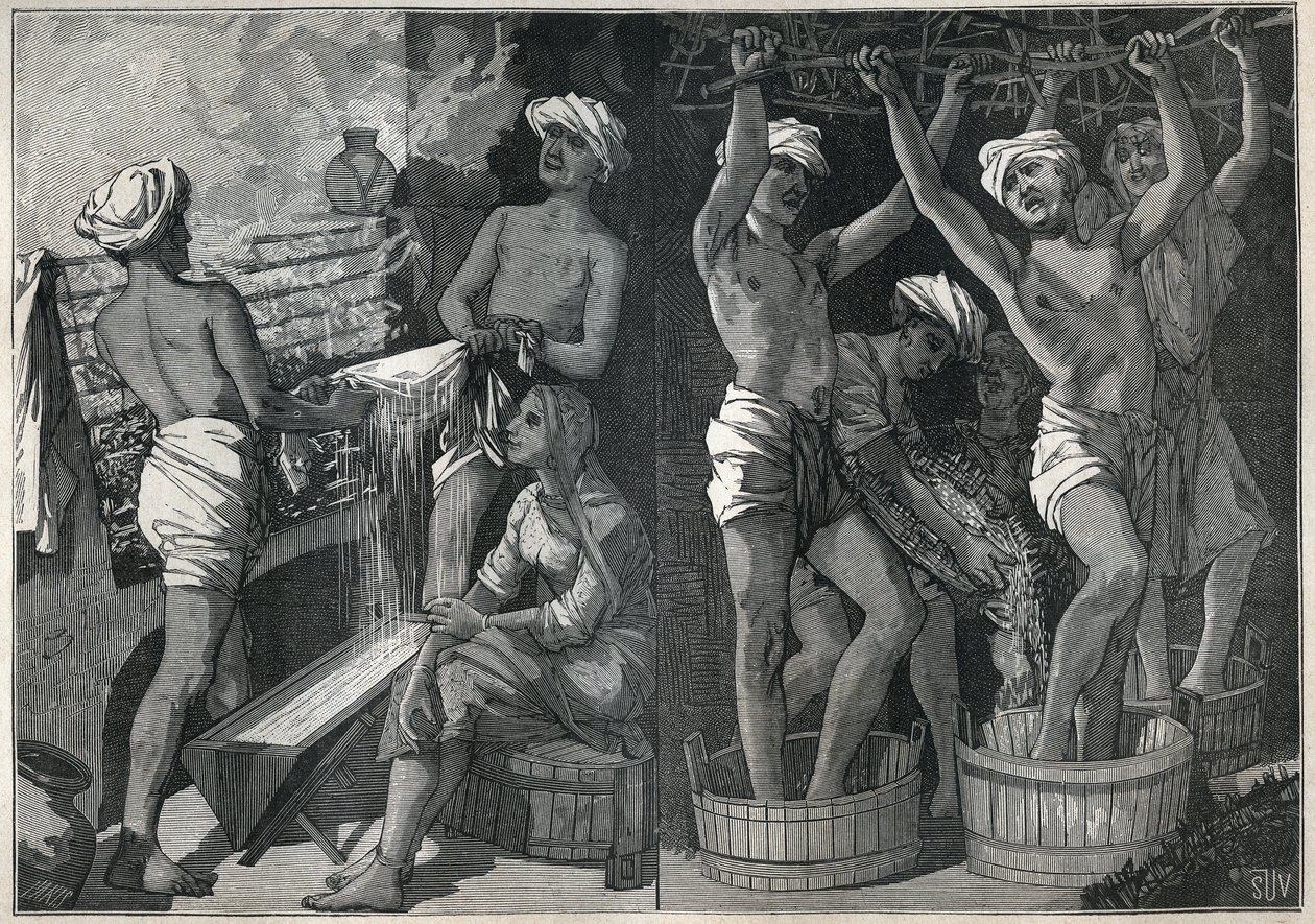Preparación de laca en India. Grabado de 1885 en "Les arts et metiers illustres" por Adolphe BITARD de Unknown artist