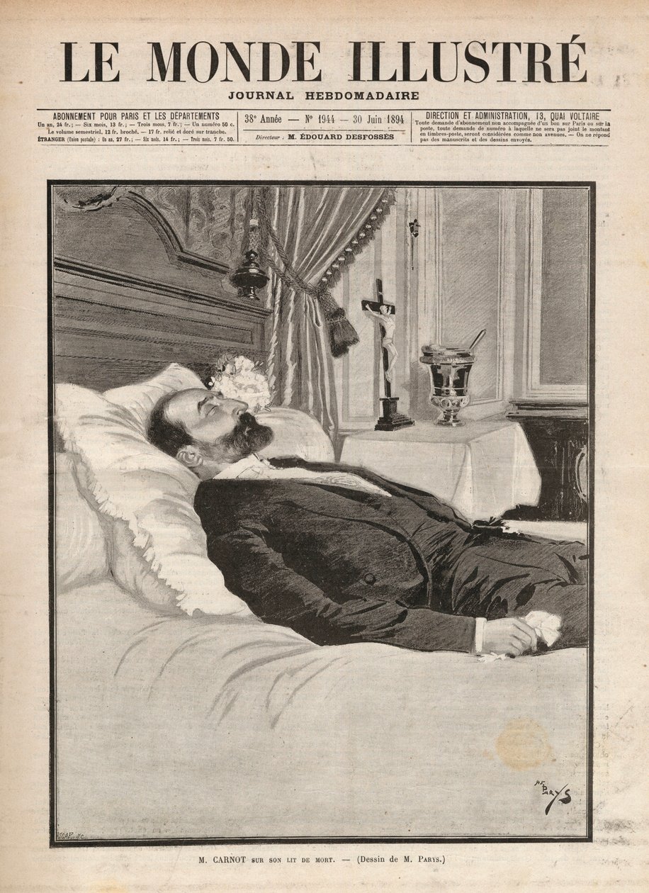 Presidente de la república Sadi Carnot (1837-1894) en su lecho de muerte, en un contexto de agitación sindical y anarquista, fue asesinado el 24 de junio en la exposición de Lyon, por Sante Caserio (1873-1894) y más tarde. Grabado en “Le Monde illustré” de de Unknown artist