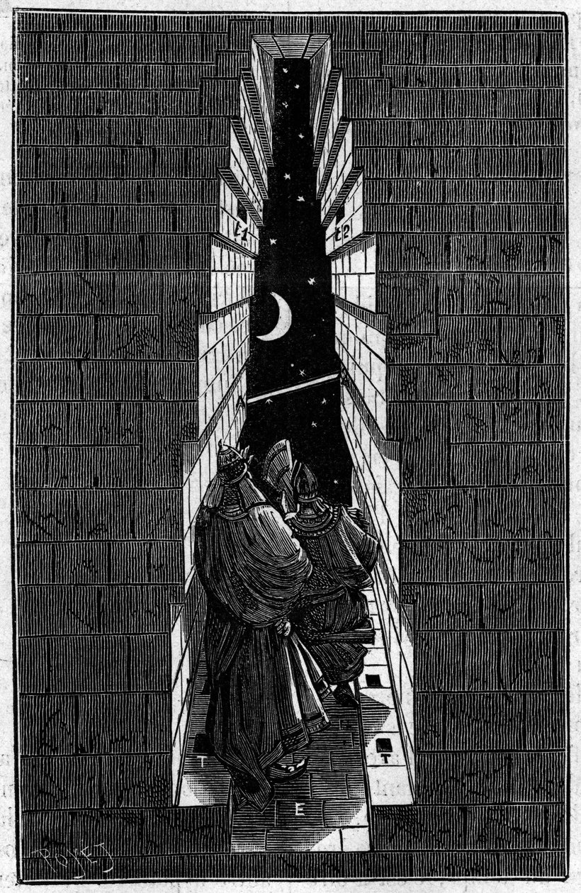 Sacerdotes del antiguo Egipto observando las estrellas en la Gran Pirámide de Keops (Cheops, Keops, Khufu, Khufu) en Giza. Grabado en "La Nature: revue des sciences et de leurs aplicaciones aux arts et a l