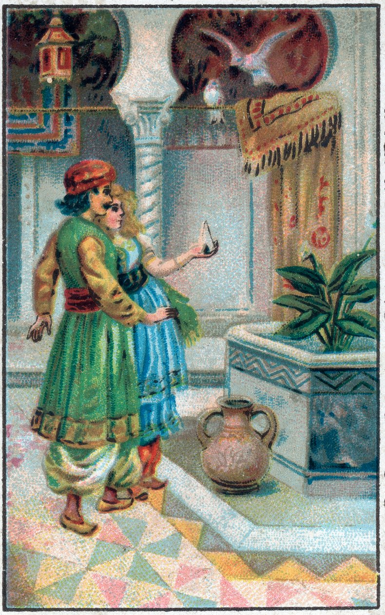El príncipe Ahmed con el hada. Historia del príncipe Ahmed y el hada Paris-Banou. Cuento de las 1001 noches. Cromolitografía de finales del siglo XIX. de Unknown artist