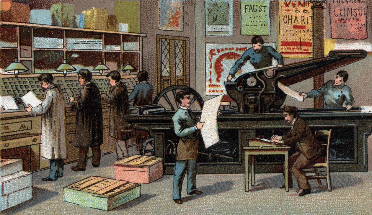 Imprenta en Francia en el siglo XIX. Cromolitografía de finales del siglo XIX de Unknown artist