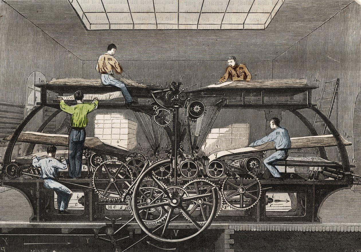 Prensa de impresión: prensa de impresión del periódico “Le Siecle” en París. Grabado de 1857 en “Le Musee Des Sciences”. de Unknown artist