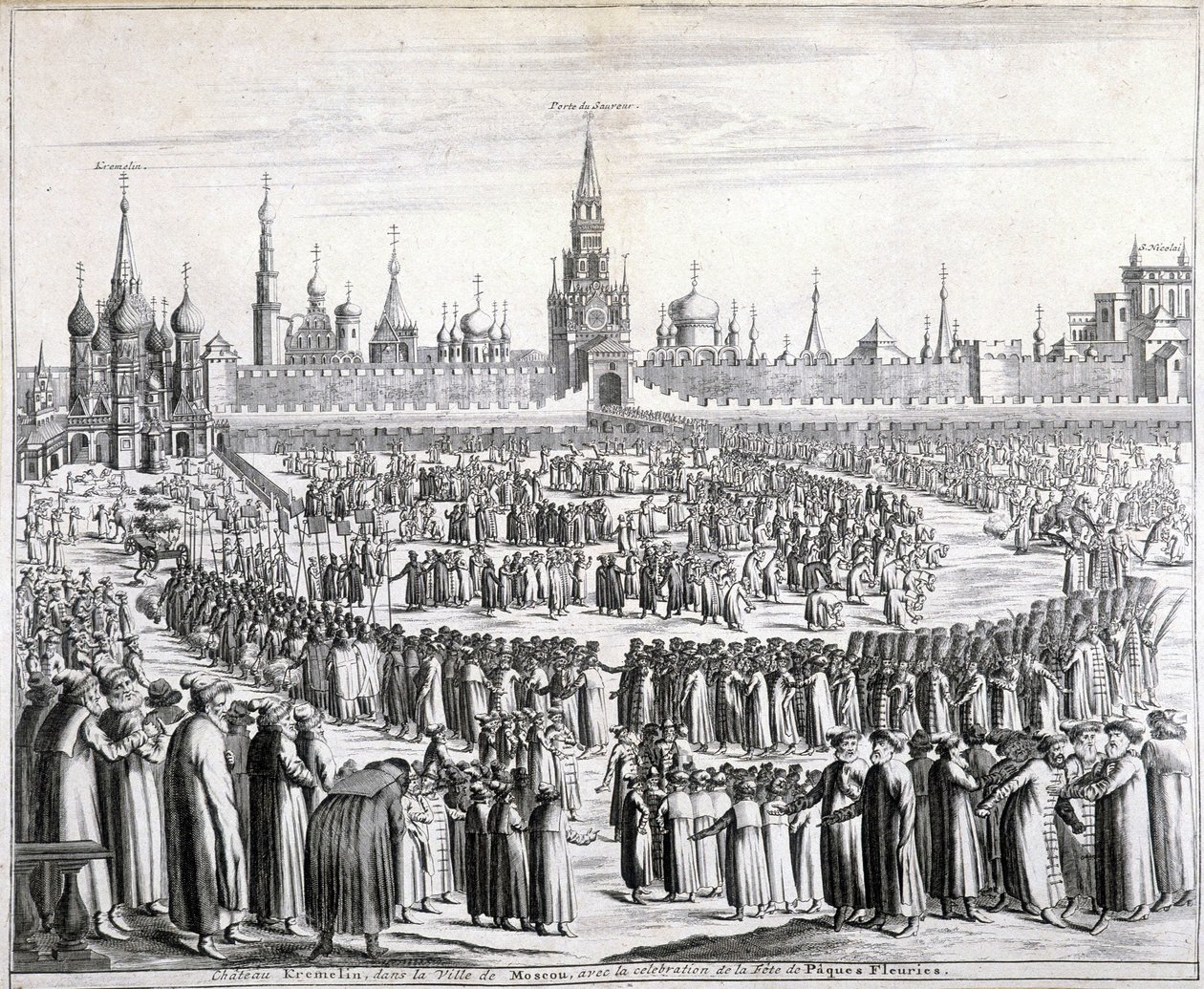 Procesión de las flores de Pascua frente a la Puerta del Santo Salvador y el Kremlin en Moscú. Grabado del siglo XIX de Unknown artist