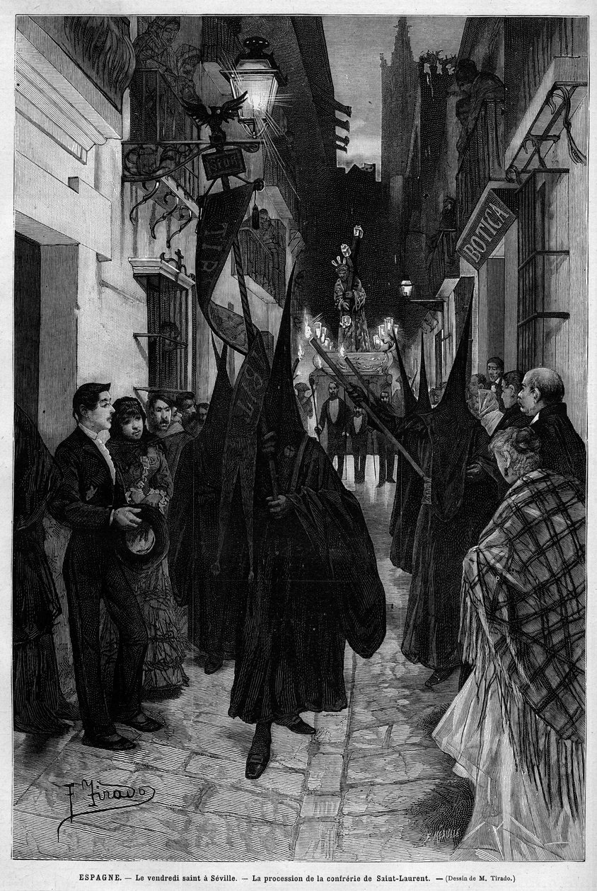 Procesión de la cofradía de San Lorenzo en Sevilla (España) el Viernes Santo. Grabado en 