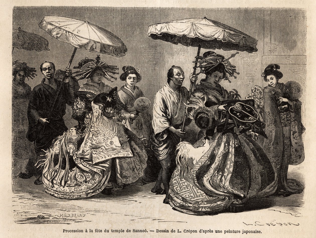Procesión a la Fiesta del Templo Sannoo, dedicada a la memoria de Zinmou, fundador del imperio del Gran Japón, ubicado en Yedo (o Edo, actual Tokio), que tiene lugar el 15º día del 6º mes del año. La procesión es pele mele representada de Unknown artist