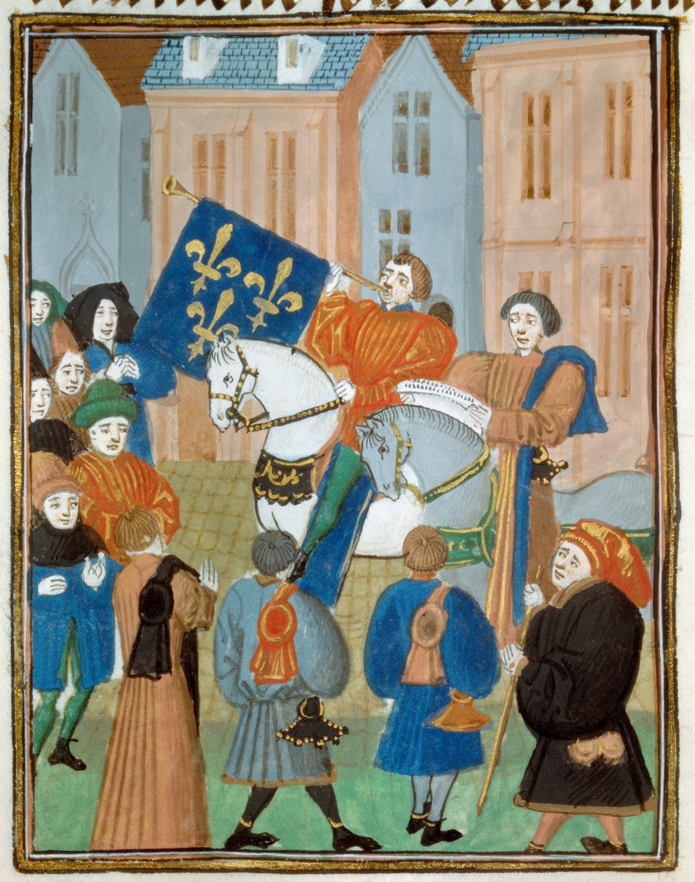Proclamación de Paz en Reims el 2 de octubre de 1435 tras la firma del Tratado de Arras entre el rey Carlos VII y el duque de Borgoña Felipe III el Bueno, que puso fin a la guerra civil entre los Armagnacs y los Borgoñones. Miniatura de "Reyes y reinas" de Unknown artist