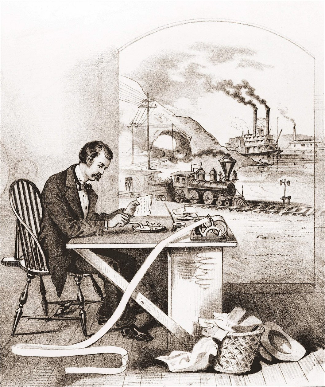 Progreso del Siglo (siglo XIX): Telegrafía de Morse, Barco del Amanecer, Tren, etc. de Unknown artist