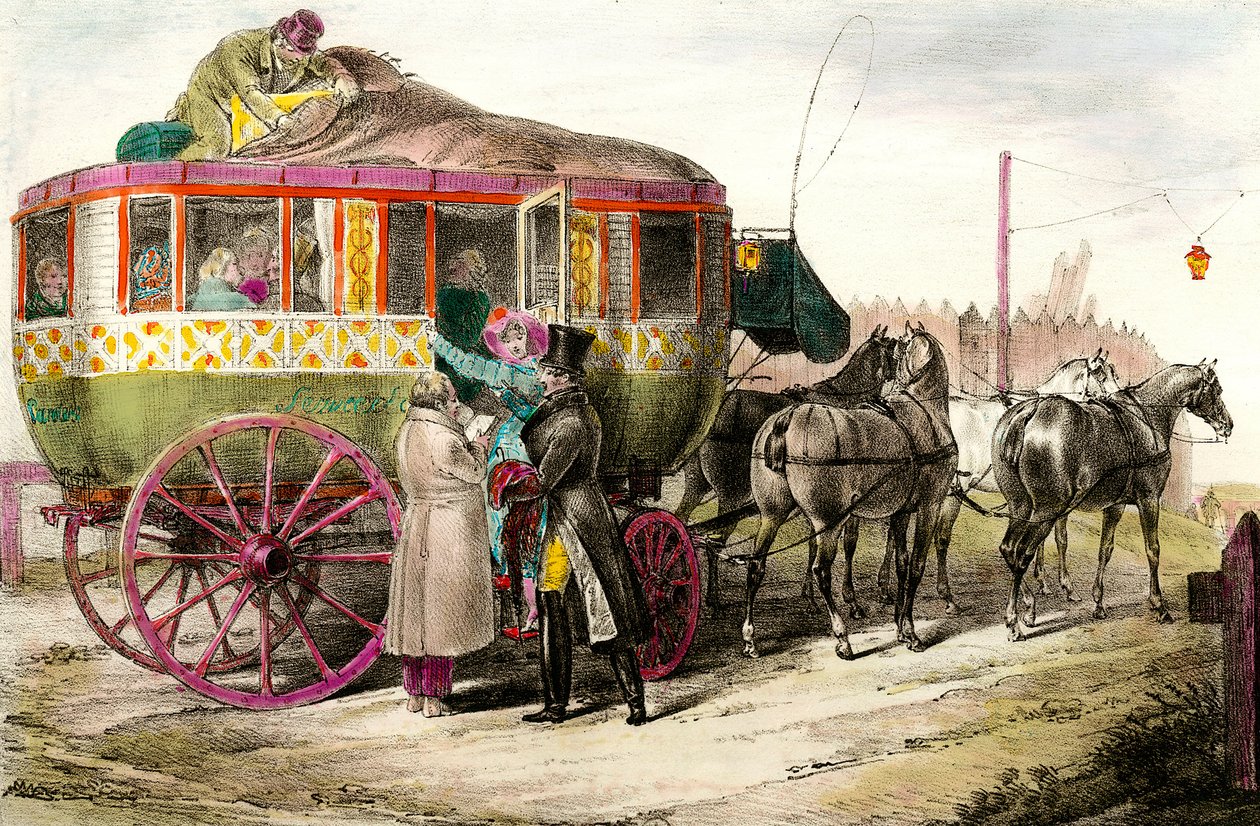 Transporte público: pasajeros entrando en la diligencia parisina de Unknown artist