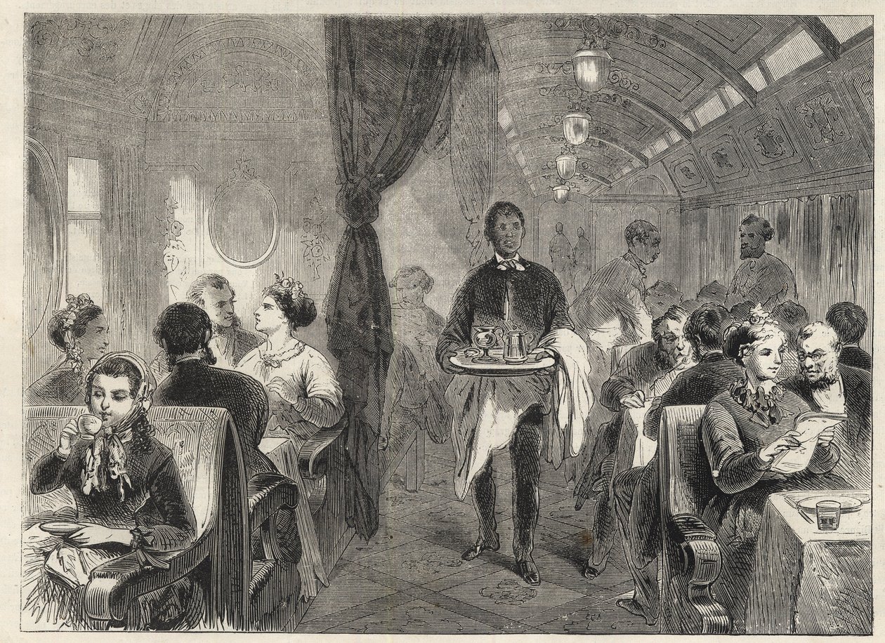 Vagón comedor Pullman del Ferrocarril del Pacífico en 1869 - interior de un vagón hotel en el Ferrocarril del Pacífico de Unknown artist