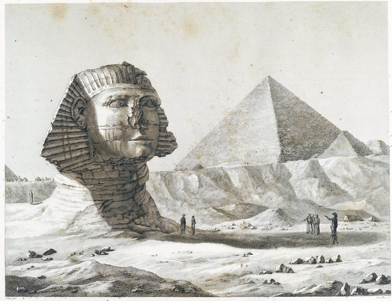 Pirámides de Giza: vista de la Esfinge y la Gran Pirámide, tomada desde el sureste - en “Descripción de Egipto”, Ediciones Imperiales de Unknown artist