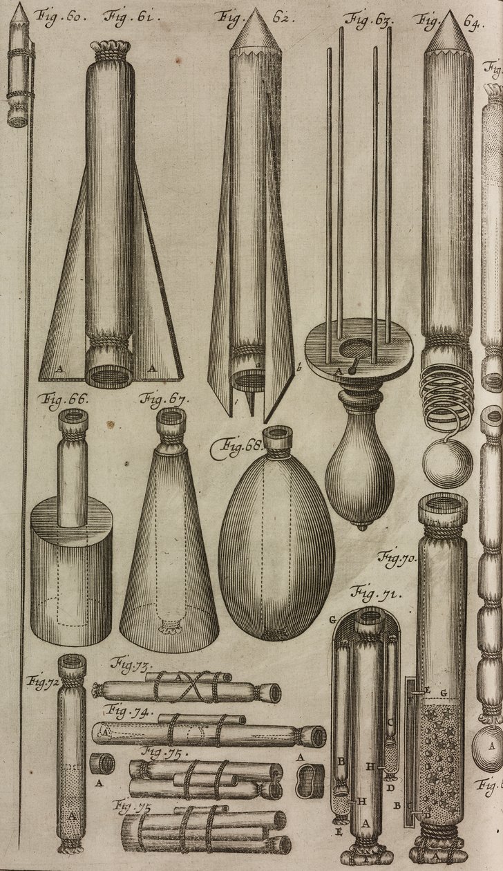 Cohetes e instrumentos pirotécnicos, grabado de Grand Art d