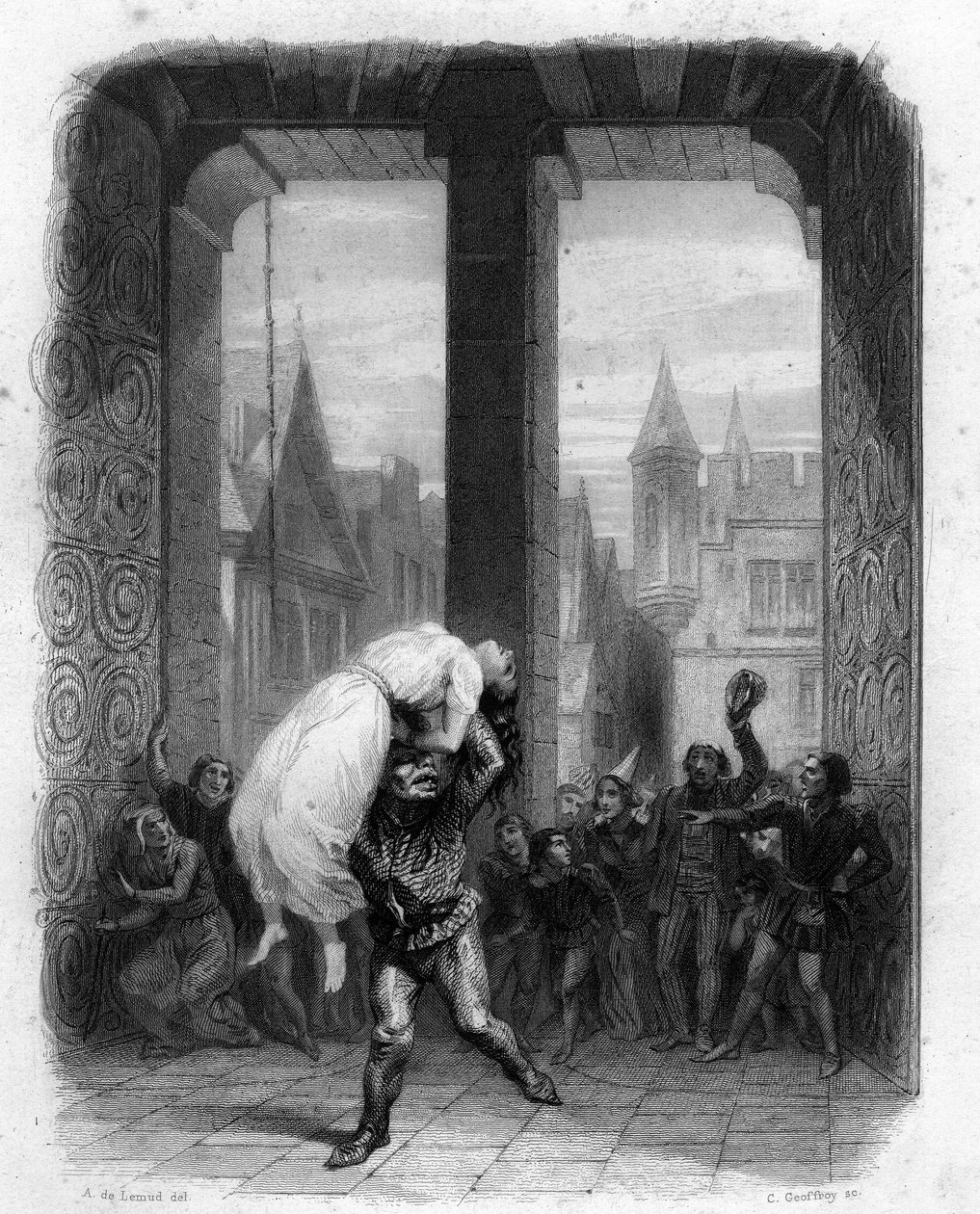 Quasimodo salvando a Esmeralda. Ilustración de 1844 de Notre Dame de París por Victor Hugo de Unknown artist
