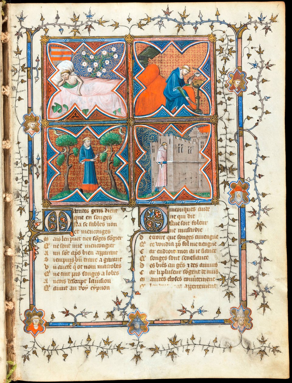 ""Cuatro hombres ocupados en diferentes actividades"" página iluminada del manuscrito ""Le Roman de la Rose"" de Guillaume de Lorris (alrededor de 1200-1238) y Jean de Meun (Meung) (1240-1305) alrededor de 1353 Suiza, Biblioteca de Ginebra de Unknown artist