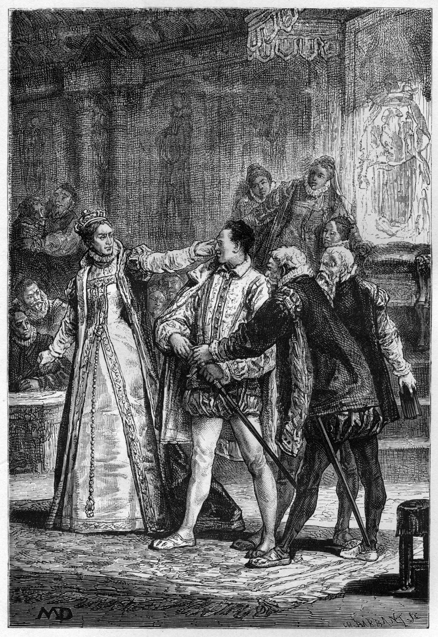 La reina Isabel I de Inglaterra golpeando al 2º Conde de Essex Robert Devereux de Unknown artist