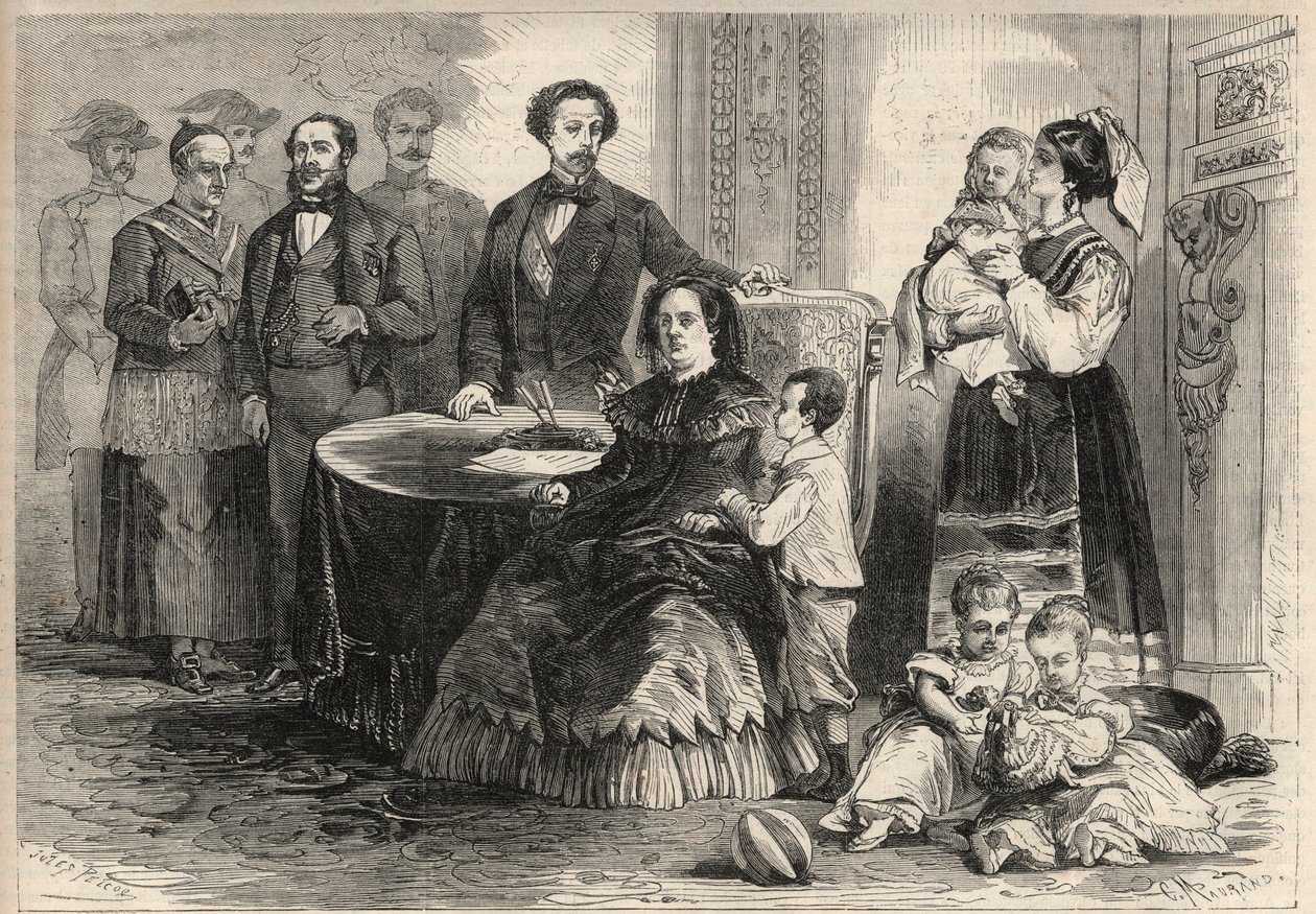 La reina Isabel II de España (Isabel de Borbón) (1830-1904) y Francisco de Asís de Borbón o Francisco I de España (1822-1902) se refugiaron con sus hijos en el castillo de Pau en Francia tras la Revolución de septiembre (Gloriosa). Entre sus hijos de Unknown artist
