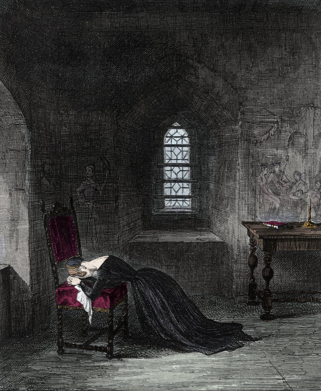 Juana Grey es prisionera en la Torre de Londres. Lady Jane Grey (1537-1554), sobrina del rey Enrique VIII, fue reina de Inglaterra durante 9 días. Su prima María (María Tudor) reclamando el trono, la encarcelará y ejecutará por alta traición. Grabado de Unknown artist