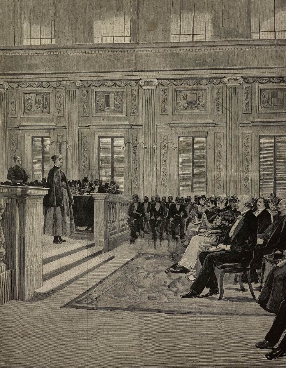 La reina Margarita de Saboya (1851-1926) asiste a un concierto en el Istituto dei ciechi, Milán, Italia, dibujo de E X de L
