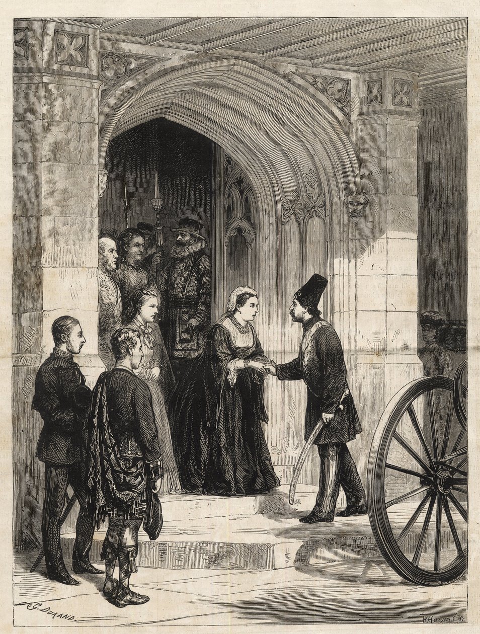 La Reina Victoria recibiendo al Shah de Persia (Naser al-Din Shah Qajar) en la Entrada del Soberano, Castillo de Windsor - 1873 - Grabado de 