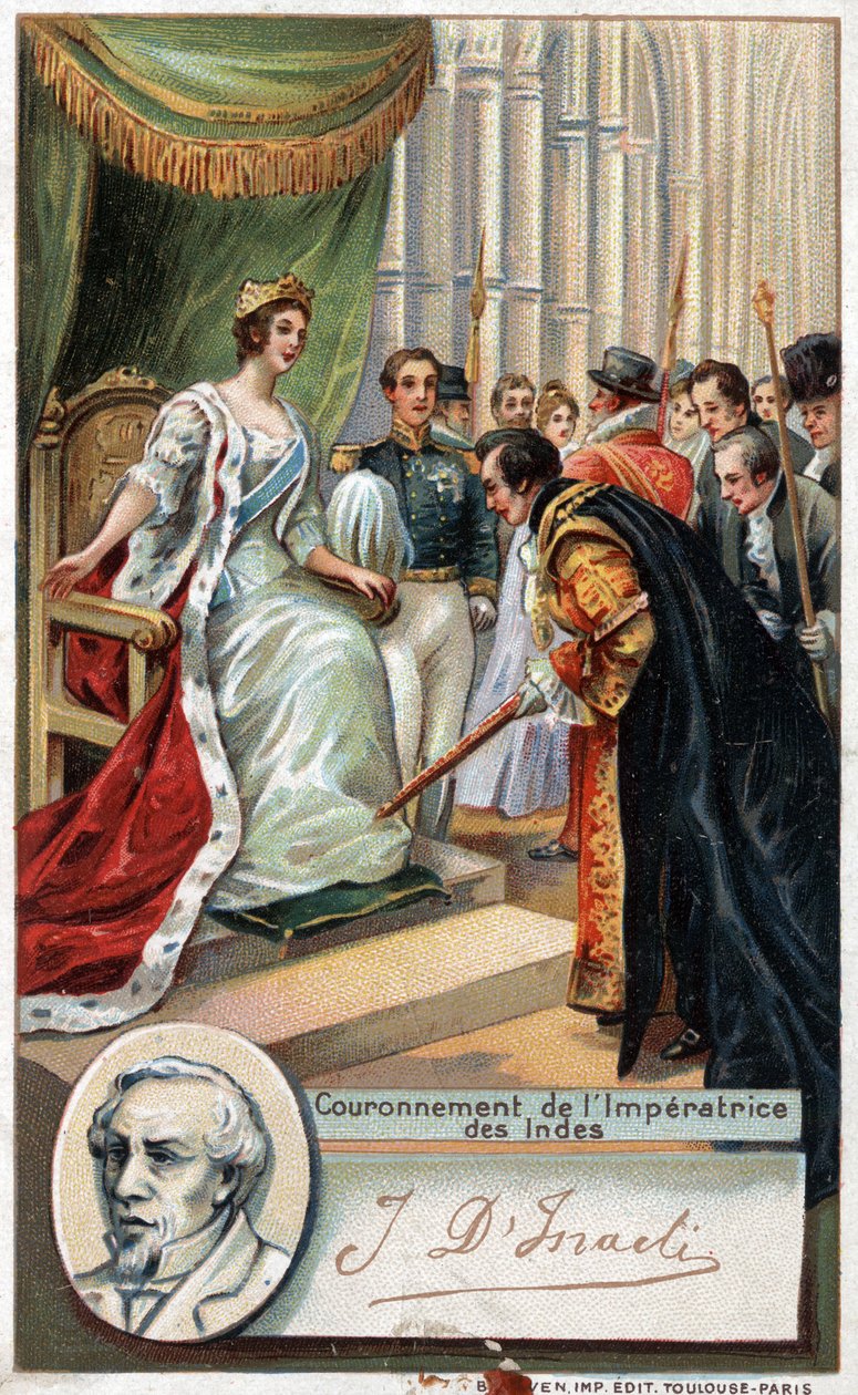 Reina de Inglaterra Victoria coronada Emperatriz de la India en 1877 con el apoyo de Benjamin Disraeli (1804-1881) escritor y político británico. Cromolitografía del siglo XIX de Unknown artist