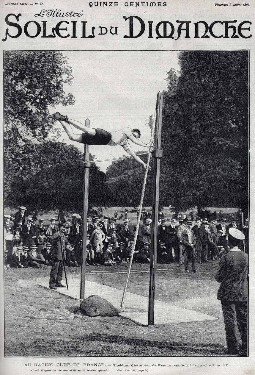 Club de carreras de Francia. Sheldon, campeón de Francia, salta 2,95 m en salto con pértiga. Grabado en "Le sun-du-dimanche", 2 de julio de Unknown artist