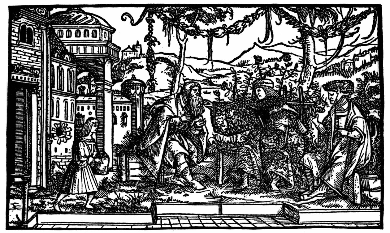 Raphaël Hythlodée, un viajero que pasó cinco años en Utopía, cuenta a Thomas More y Pierre Gilles sobre su viaje. Xilografía publicada en la edición de “Utopía” de Thomas More (1478 - 1535) de 1516. de Unknown artist