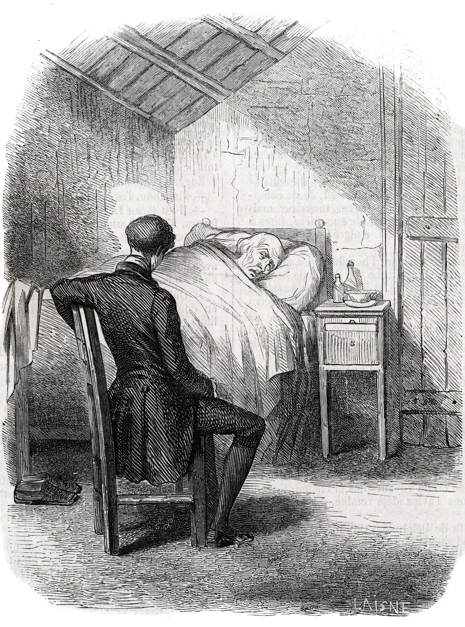 Rastignac permaneció solo cerca del anciano, sentado al pie de la cama... Grabado de mediados del siglo XIX. Ilustración para “El padre Goriot” de Honoré de Balzac (1799-1850). de Unknown artist