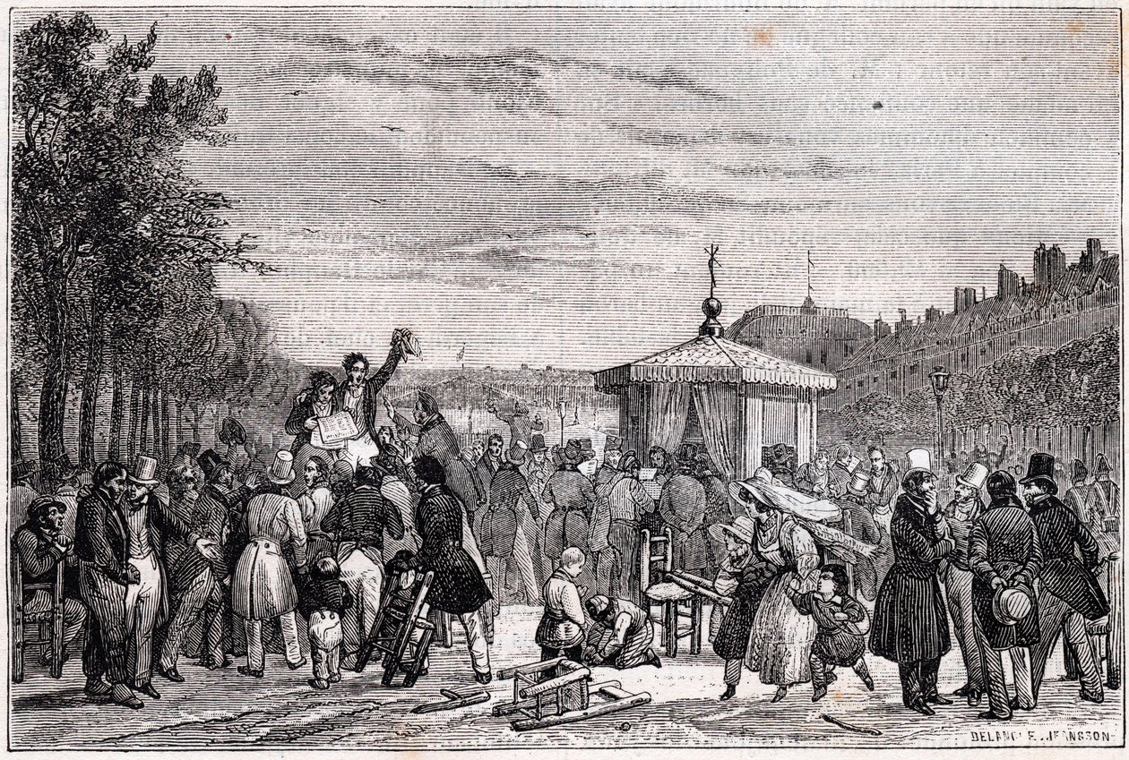 Lectura de las prescripciones en el Moniteur, en el jardín del Palacio Real, el 26 de julio de 1830 a las 7 de la tarde de Unknown