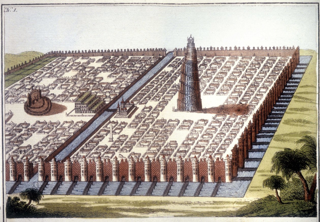 Vista reconstruida de la antigua ciudad de Babilonia, con el recinto, los jardines colgantes y el zigurat. de Unknown artist