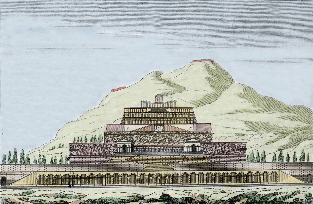 Reconstrucción del templo de Fortuna en Palestrina, Italia. Grabado del siglo XIX. de Unknown artist