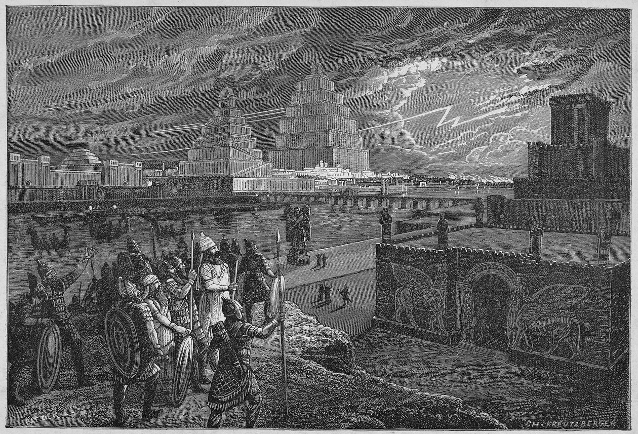 Reconstrucción de los templos y palacios a lo largo del río de Babilonia - Mesopotamia: reconstrucción de la ciudad de Babilonia, construida bajo el reinado del rey Nabucodonosor II de Unknown artist