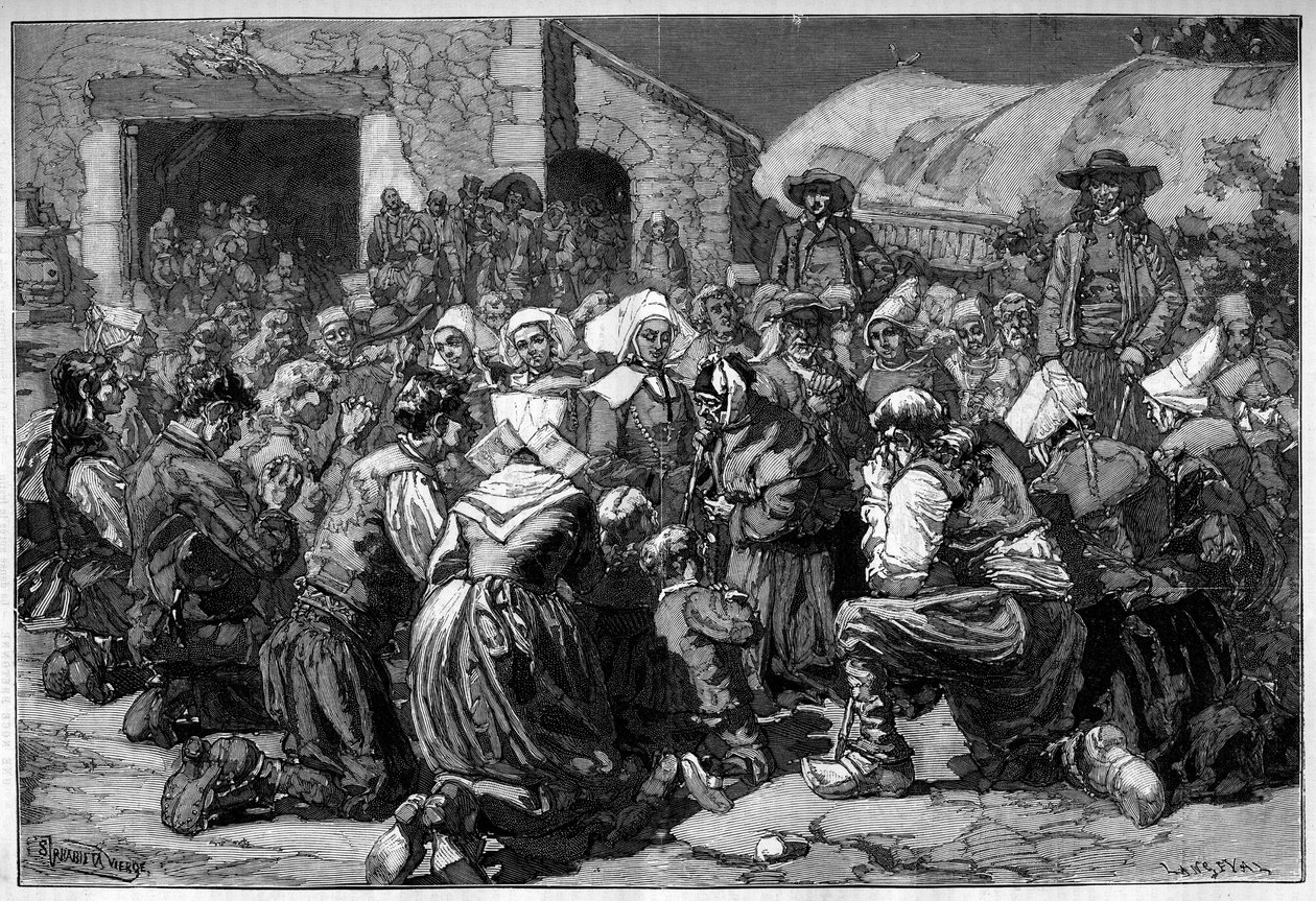 Costumbre regional de Francia, matrimonio bretón: mendigos rezando por los esposos. Grabado en “Le Monde Illustré”. de Unknown artist
