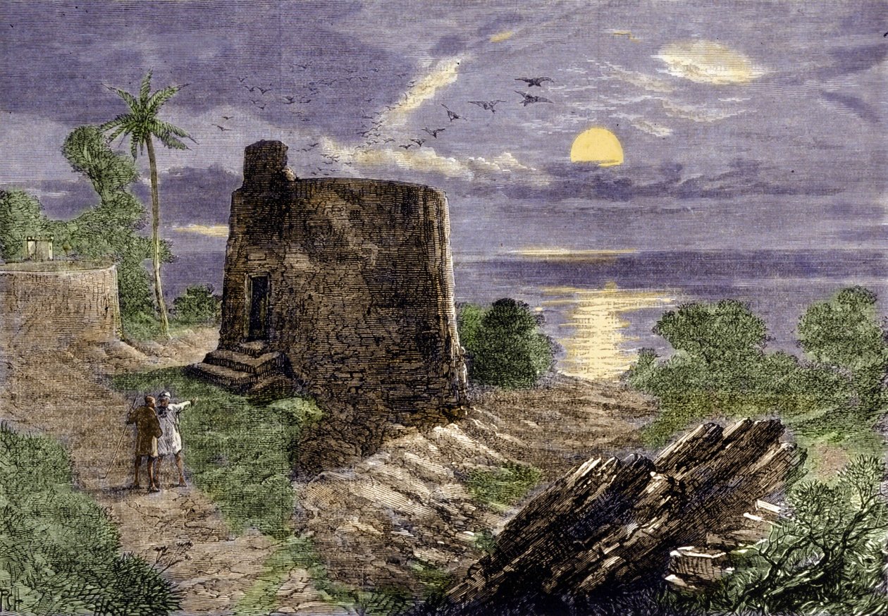 Religión de los Farsis (seguidores de Zaratustra): el ritual funerario consiste en colocar los cuerpos de los difuntos en una torre, la Torre del Silencio, donde son devorados por buitres. Región de Malabar. de Unknown artist