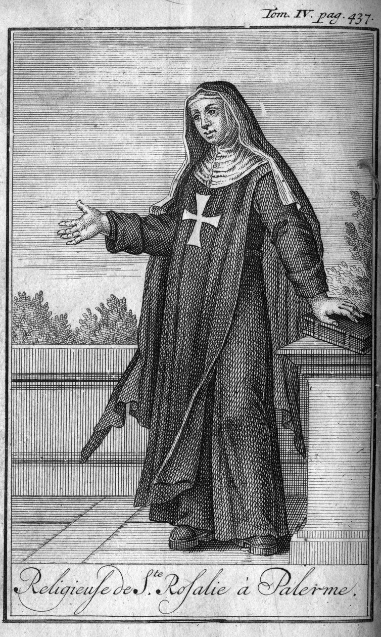 Orden religiosa. Religiosas de Santa Rosalía en Palermo en Sicilia en el siglo XVII. En “Historia de las órdenes militares o caballeros, de las milicias seguras y rutinarias de ambos sexos, que se han establecido hasta ahora. Edición tomada de Abbe Giustin de Unknown artist