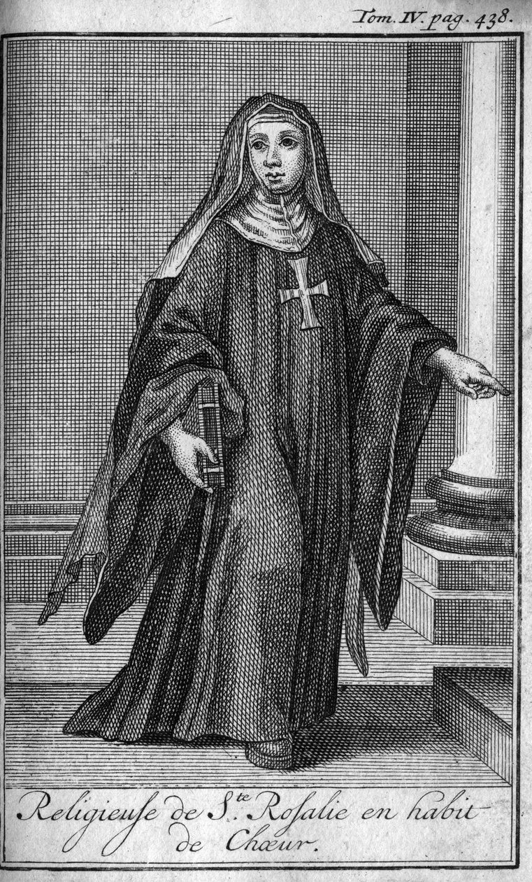 Orden religiosa. Religiosas de Santa Rosalía en vestimenta coral en Palermo en Sicilia en el siglo XVII. En “Historia de las órdenes militares o caballeros, de las milicias seguras y rutinarias de ambos sexos, que se han establecido hasta ahora. Edición to de Unknown artist