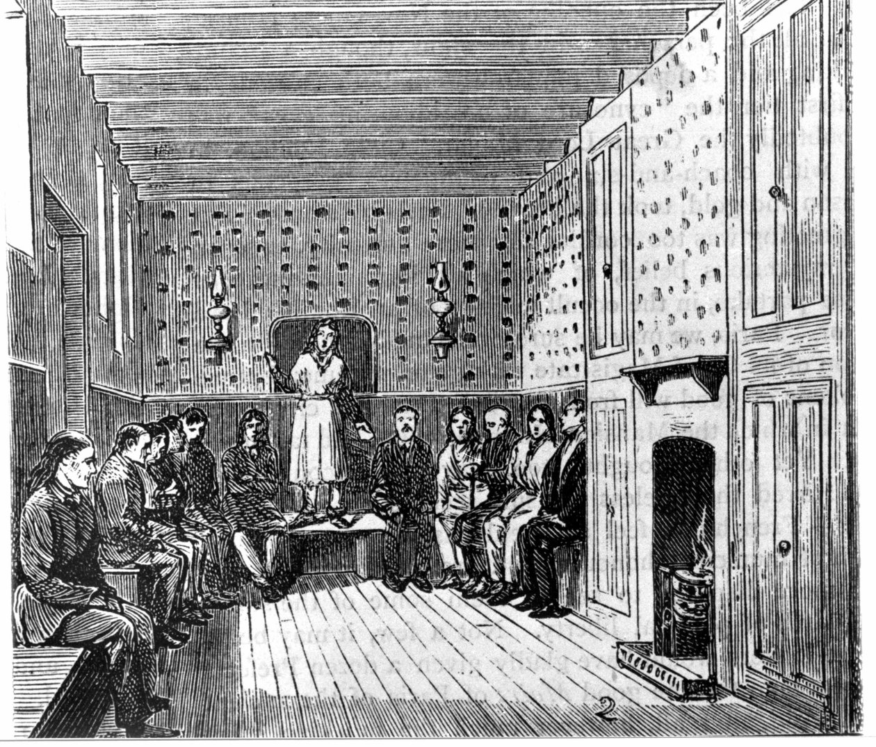 Reunión religiosa de los shakers americanos. Grabado del siglo XIX de Unknown artist