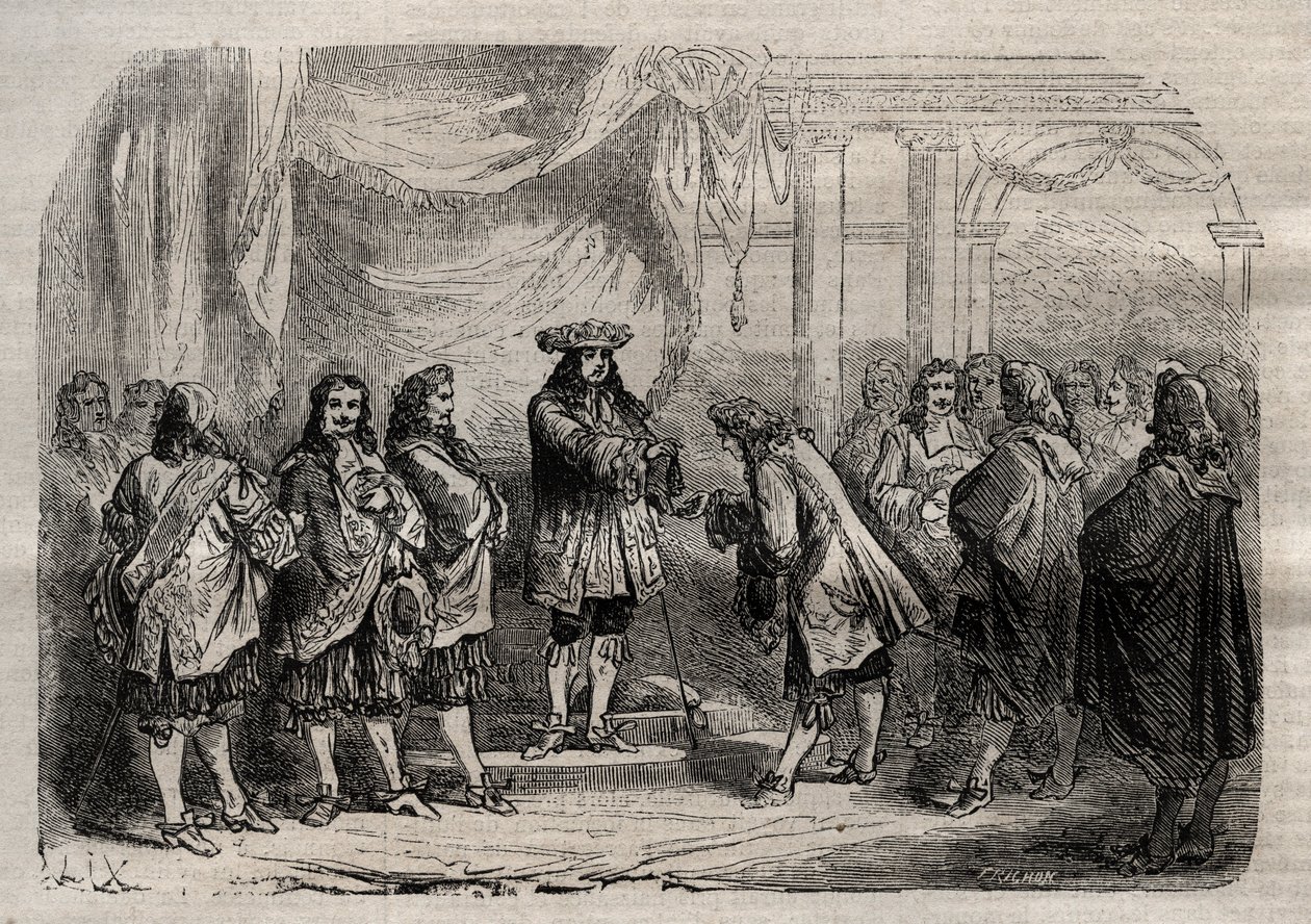 René Duguay Trouin (Duguay-Trouin) (René Trouin du Gué dit) (1673-1736) recibiendo la cruz de San Luis de manos del rey Luis XIV - grabado en Dictionnaire populaire illustrious - 1864 - por Joseph Decembre y Edmond Allonier de Unknown artist