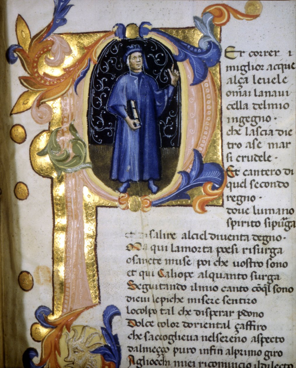 Representación en una letra capital del poeta Dante Alighieri (1265 - 1321), miniatura del siglo XIV. de Unknown artist